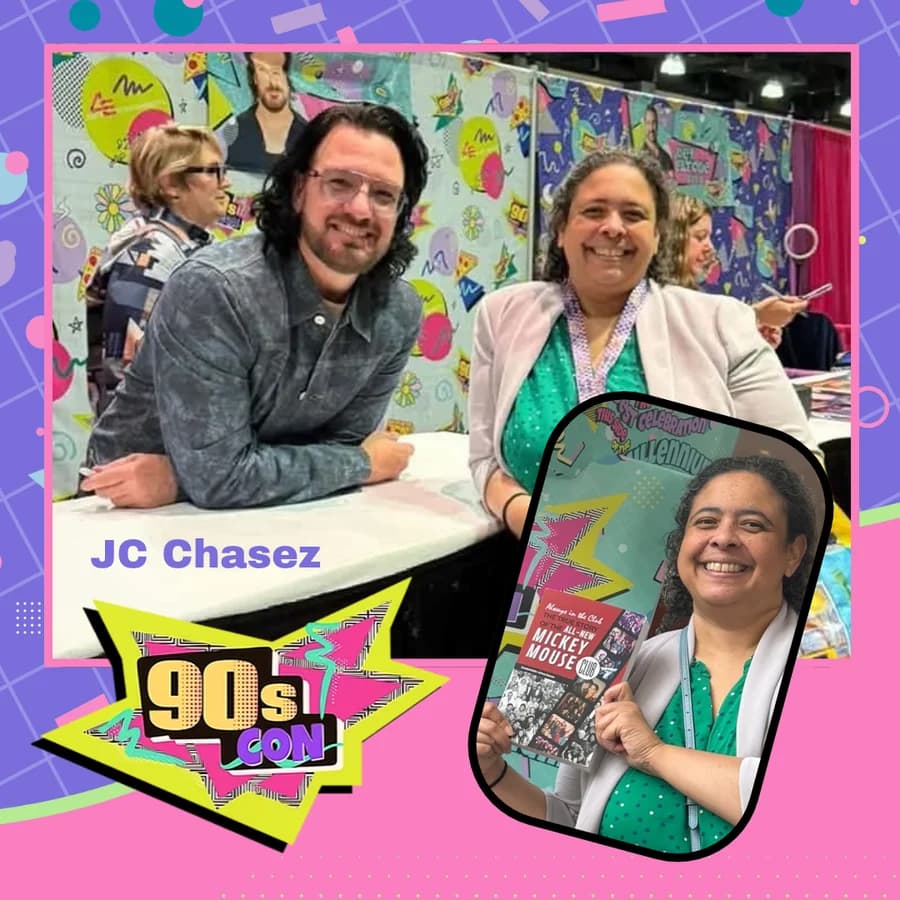 Melissa John with JC Chasez at the 90s Con booth, and holding her copy of the book